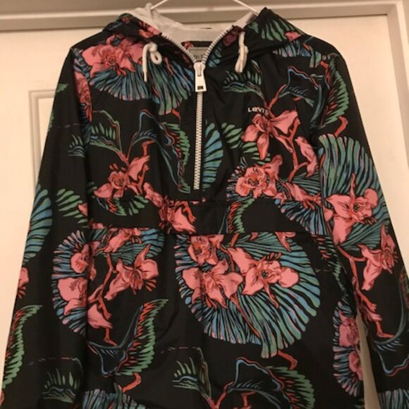 Levi Women Hooded Floral Windbreaker Jacket Size Small 1/2 Zip - Picture 2 of 5